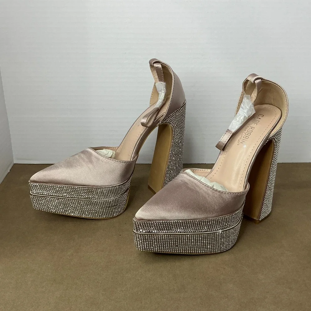 Cape Robbin Snow White-2 Satin Rhinestone Platform Block Heel Pumps Womens 6